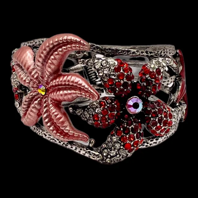 Pink Enamel Starfish Clamper Hinged Cuff Bracelet Red Rhinestone Silver Tone
