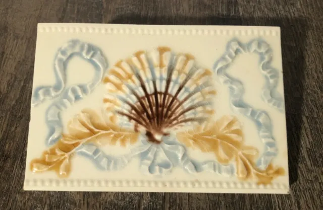 Antique Victorian Beaver Falls Art Tile Glazed Ceramic w/Scallop Seashell Ribbon