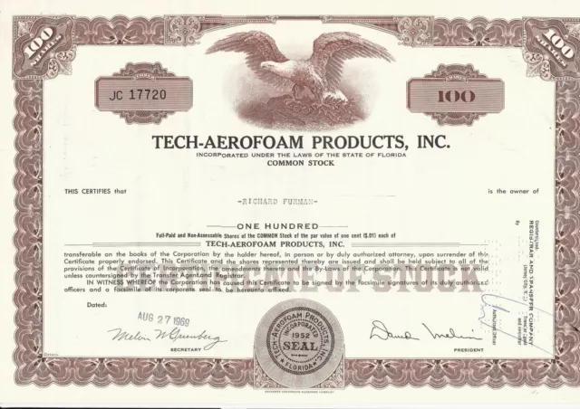 U. S. Tech-Aerofoam,Prods Inc. 1969 Illustrated 100 Shares Certificate Ref 39565