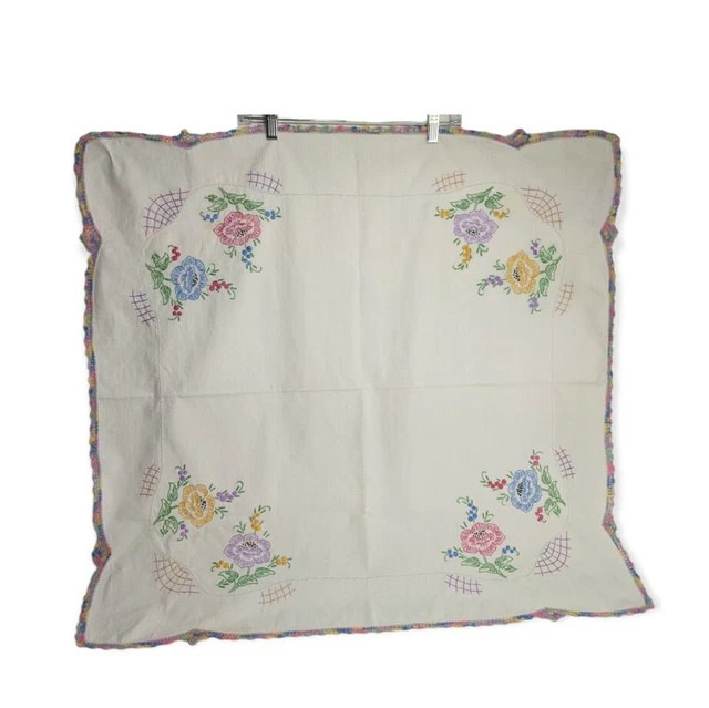 Vintage Hand Made Embroidered Linen Multicolored Small Floral Table Cloth