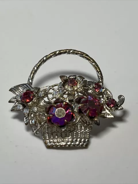 Broche Vintage Ancienne Panier Argente Strass Rose AF 151