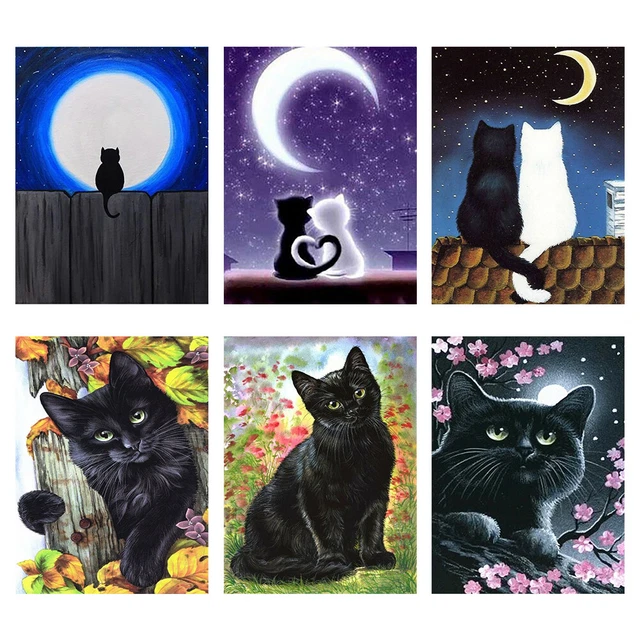 Diamond Painting 5D Full Round Drill Mosaic DIY Black Cat Kit Wall Decorations *