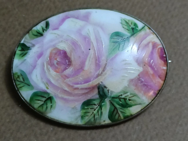 Ancienne Broche Argent Massif & Porcelaine Décor Floral 17,5 g Bijoux Vintage