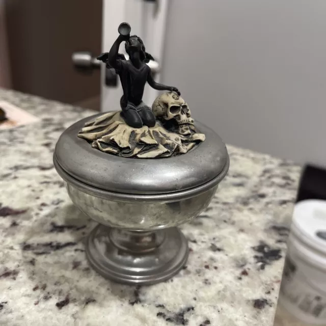 Alchemy Pewter  Sheffield England Trinket Holder Skull And Angel Blowing Trumpet