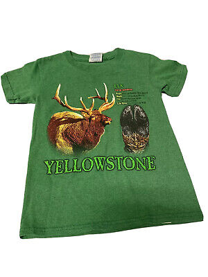 Vintage Youth XS T Shirt Yellowstone Park Elk Facts Green Delta Camping Outdoors