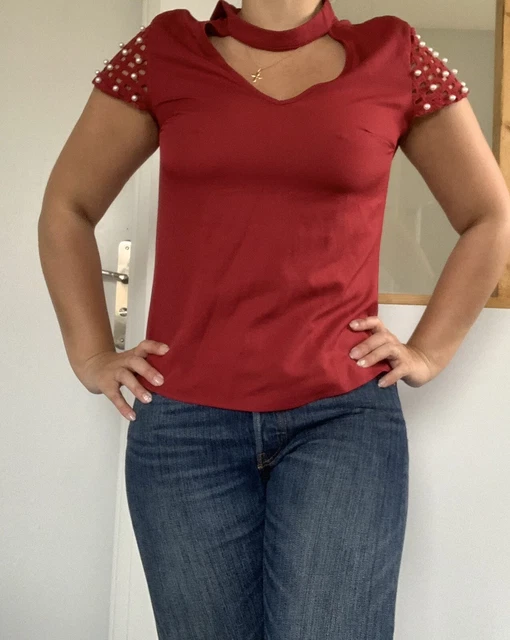 Top Court (cropped) Shein Rouge Taille XS En Coton - Occasion Très Bon état, Sans Manches