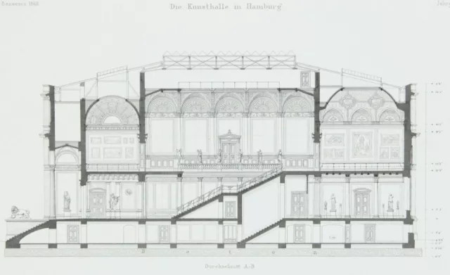HAMBURG - Zeitschrift für Bauwesen - Kunsthalle, Durchschnitt- Kupferstich, 1868