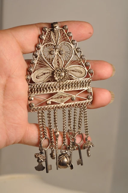 Broche Pendentif Ancien Berbere Argent Massif Filigrane Antique Islamic Brooch