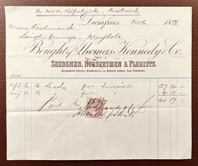 1881 Thomas Kennedy & Co., Seedmen & Florists, Dumfries Invoice to Maybole