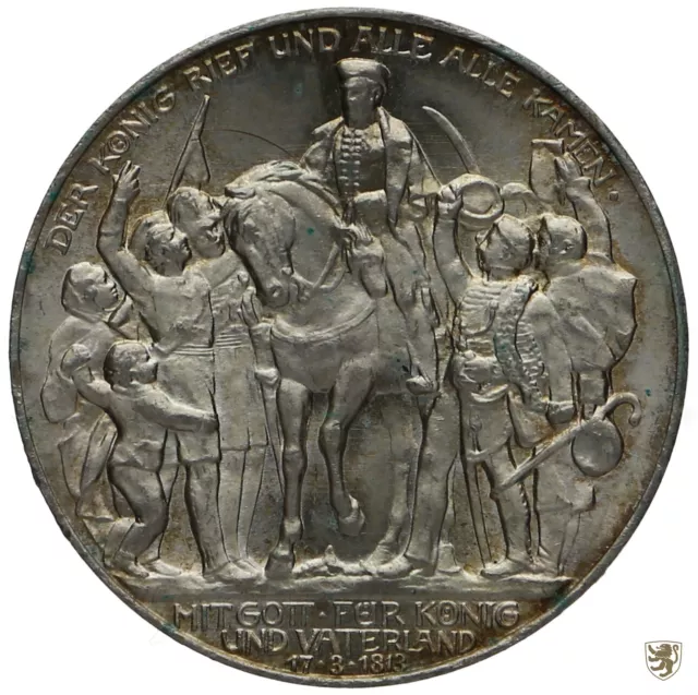 PREUSSEN, 3 Mark, 1913, Wilhelm II., 100 Jahre Befreiungskriege, Jg 110, unz