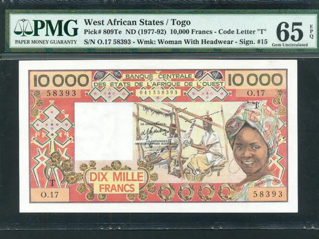 West African States/Togo:P-809Te,10000 Francs,1977-92 * PMG Gem UNC 65 EPQ *