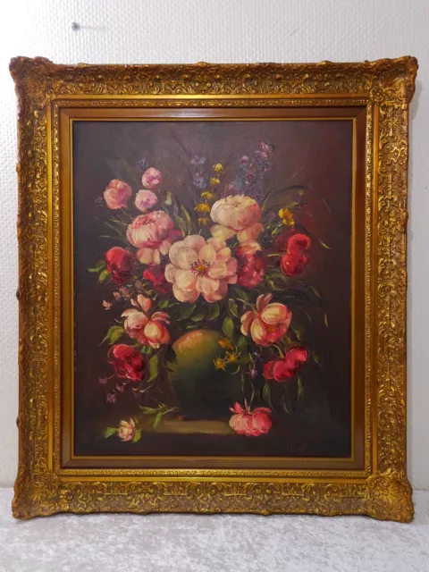 Aceite Imagen Pintura Naturaleza Muerta Flores En Madera Marco Magnífico Vintage