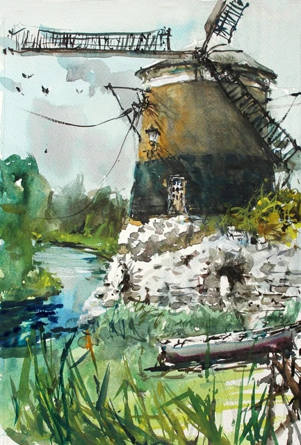 Paisaje Pintura Acuarela Original Holanda Impresionista Molino de viento...