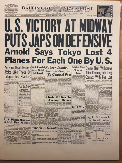 Vintage Newspaper Headline ~World War 2 Japan Navy Ship Midway Battle Victory