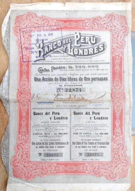 Banco Peru Londres Bond 1907 Lima 10 Pounds Gold OR Loan Accion Share