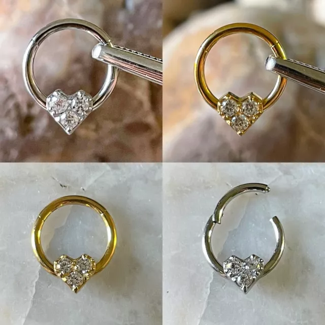 Heart Shaped Paved Cubic Zirconia Gem Hinged Septum Clicker Daith Rook Ear Ring