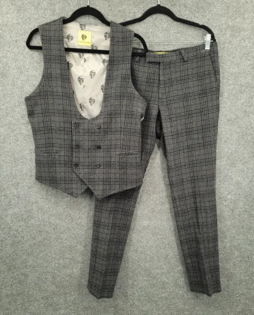 Noose & Monkey Suit Set Mens 32 Pants 40 Vest Wool Blend Gray Plaid Skull