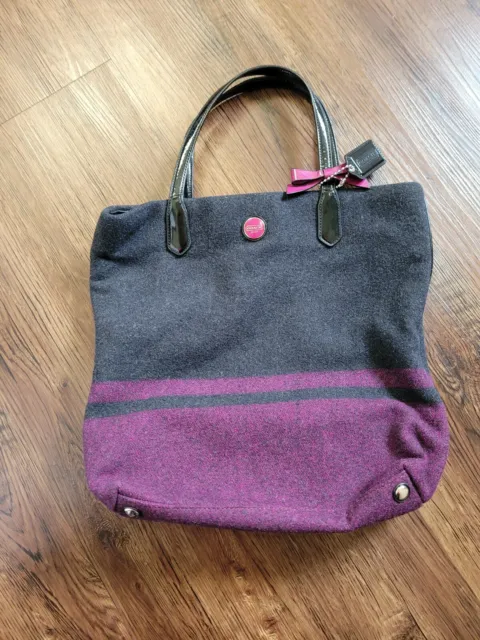 Coach wool charcoal and berry stripped tote handbag