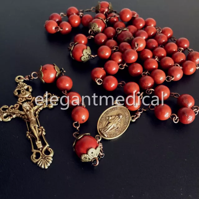 Rare Red Carnelian Rose beads Vintage Catholic Rosary Necklace  Cross crucifix
