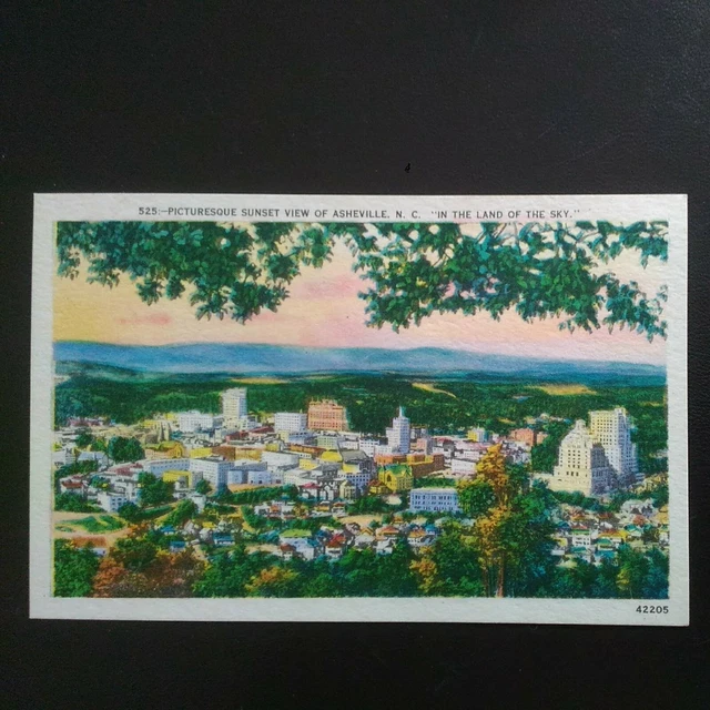 ASHEVILLE, NC * BIRDS EYE (AERIAL) SUNSET VIEW of SKYLINE  * UNPOSTED LINEN-ERA