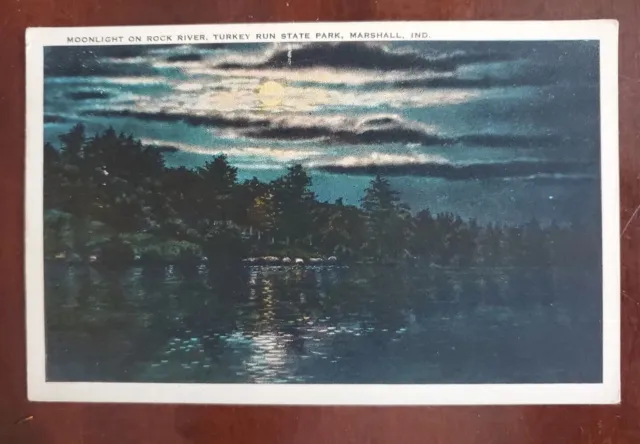 Moonlight on Rock River Turkey Run State Park Marshall Indiana Vintage Postcard