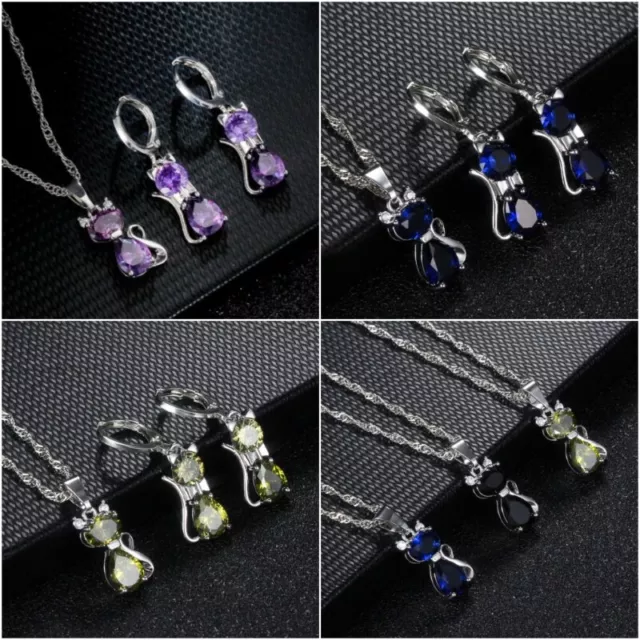 925 Silver Cat Pendant Necklace Earrings Women Cubic Zirconia Jewelry Set Gift