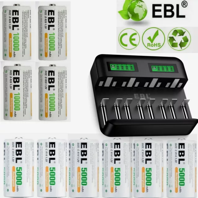 EBL NiMH 5000/10000mAh C/D AKKU Wiederaufladbare Batterien 1,2 V Akku &Ladegerät