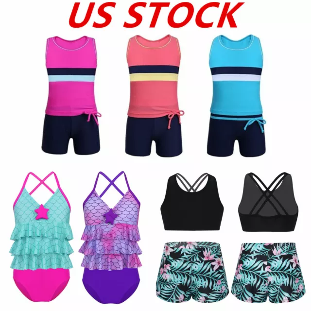 US Kids Girls Bikini Swimsuit Crop Top+Bottoms Set Tankini Swimwear Bathing Suit