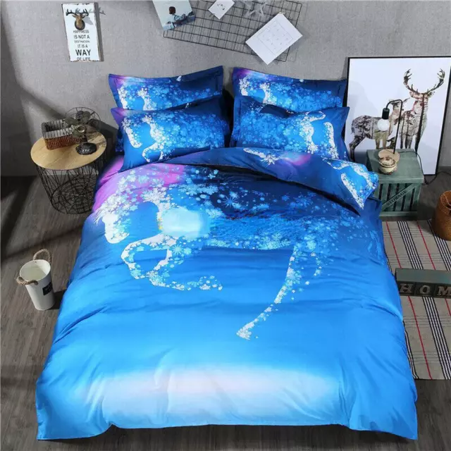 Dream Running Horse Blue Quilt Duvet Cover Set Bed Linen Bedroom Decor Cr