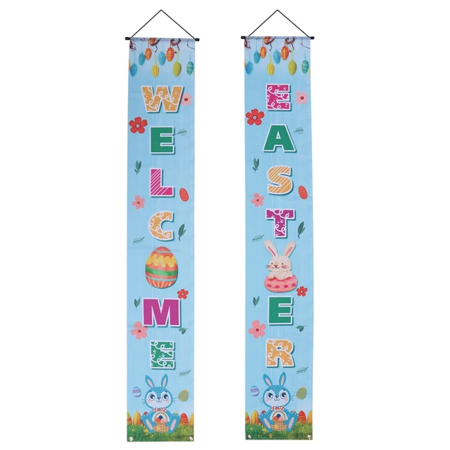 2-teiliges Oster-Banner „Happy Easter“ & „Welcome“ – Stoff, 30x180 Cm, Mit Hasen & Eiern – Für Tür, Wand, Garten-Deko