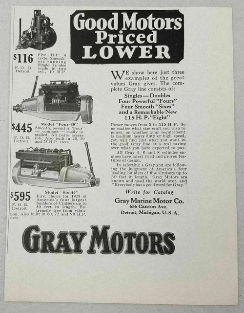 1928 Print Ad Gray Marine Motors 3 Models Shown Made in Detroit,MI