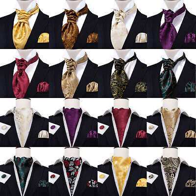 Men's Business Formal Cravat Silk Paisley Floral Ascots Hanky Cufflinks Tie Set