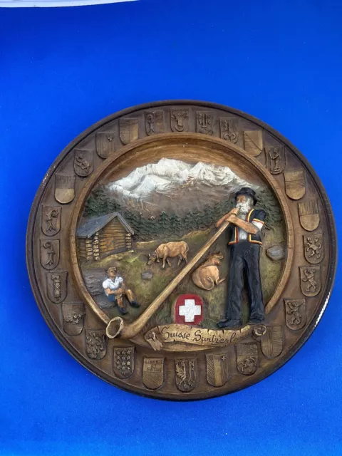 Vintage Switzerland 3D Wall Plate Wall Decor 9" Diameter Faux Wood L@@K L@@K!!