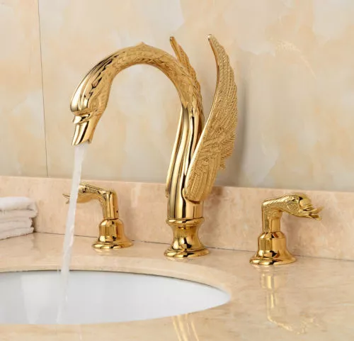 U.Gold Swan Spout Basin Faucet Bathroom Sink Tub Filler 2 Handles 3PCS Mixer Tap