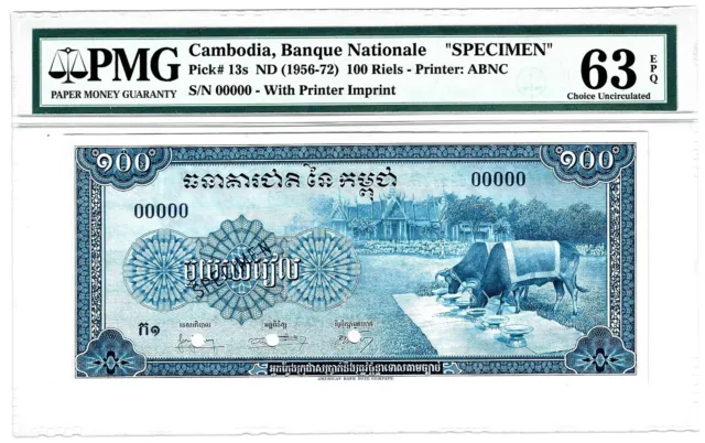 Cambodia Banque Nationale 100 Riels 1956-72 Pick 13s Specimen PMG Ch Unc 63 EPQ.