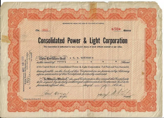 Consolidated Power & Light Corporation, 1929