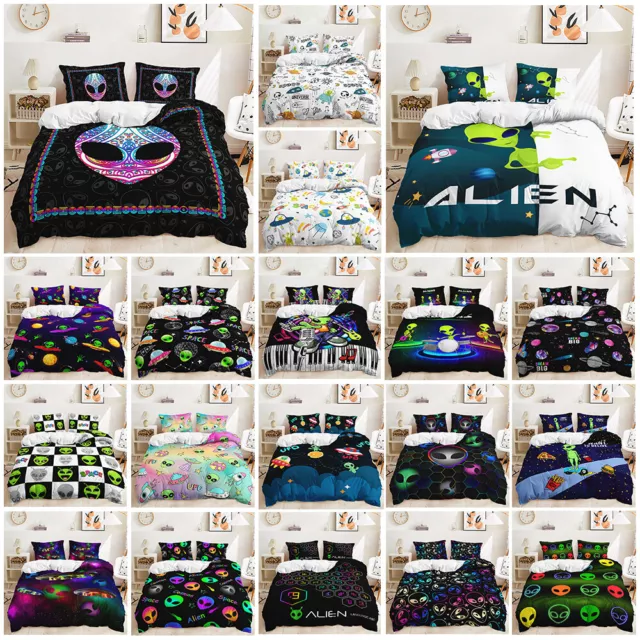 Aliens UFO Outer Space Universe Galaxy Geometric Doona Duvet Quilt Cover Bed Set