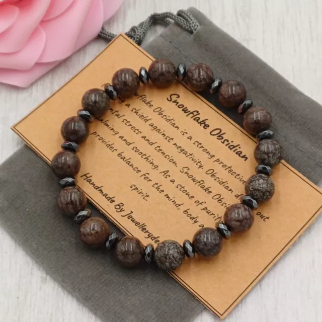 BRAUNE SCHNEEFLOCKE OBSIDIAN Armband Stretch Handarbeit + Geschenktüte & Edelsteinkarte 8 mm