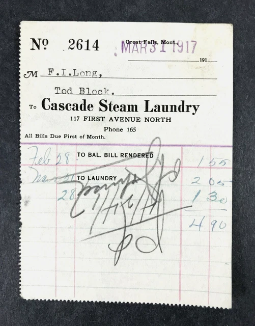 CASCADES STEAM LAUNDRY Receipt 1917 For Laundry Drop Off e136 £7.08