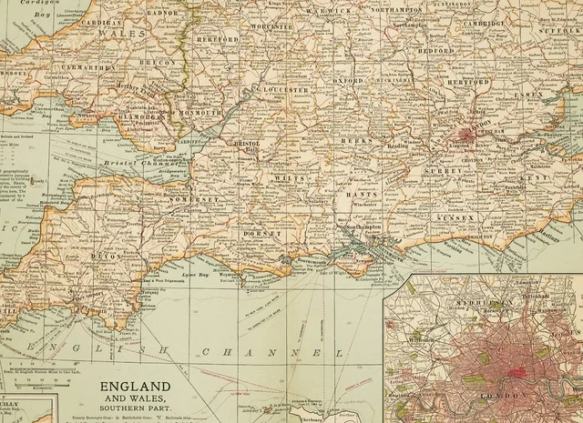 1903 Antique Map Southern England & Wales Kent Sussex Brecon Inset London