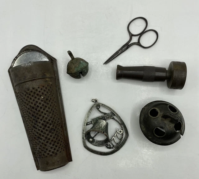 Vtg Brass Metal Lot Nutmeg Grinder Nozzle Scissors Bells 1776 pendant Germany
