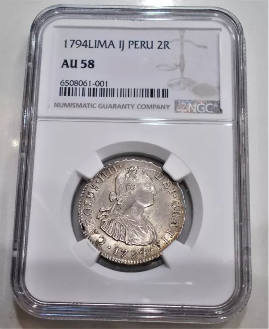 1794 Lima Peru Ij 2 Reales Silver Coin! Graded Au58 By Ngc! Nice Luster!