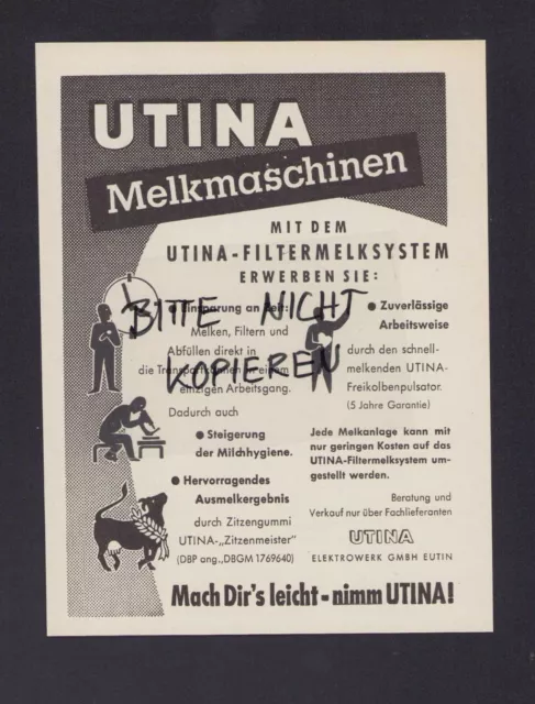 EUTIN, Werbung 1958, Utina Elektrowerk GmbH Melkmaschinen