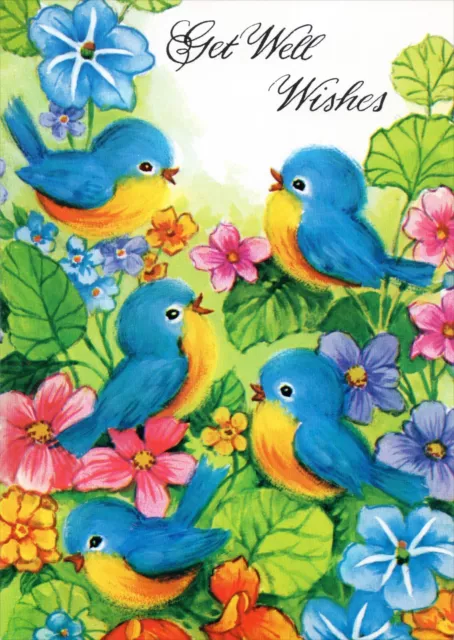 Sweet Vintage GET WELL WISHES Card, Blue Birds Flowers — English Cards Ltd. + ✉