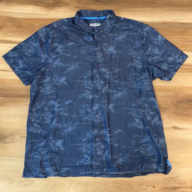 Tommy Bahama Shirt Mens XL Silk Blend Short Sleeve Camp Blue Water Print Pocket