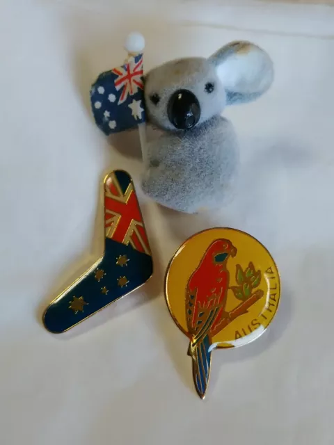 Australia Souvenir Lapel Hat Jacket Pin Lot Of 3 Boomerang Koala Bear & Parrot