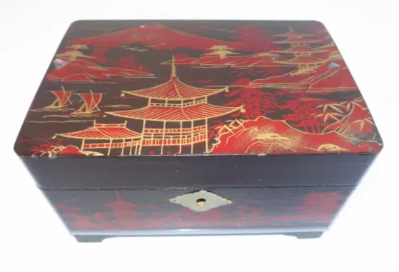 Japanese Laquer Musical Jewelry Box w/Key & Music Vintage 7x5x4 MADE IN JAPAN