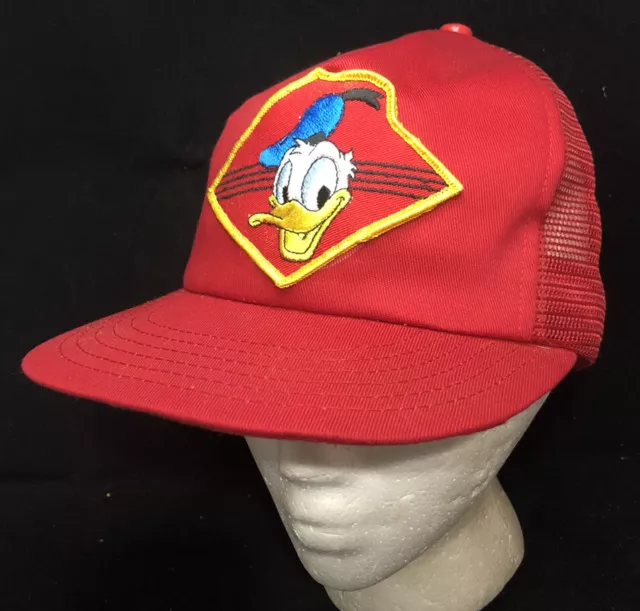 Vtg Donald Duck Patch On Red Mesh Trucker Hat Snapback Logo Cap Walt Disney Prod