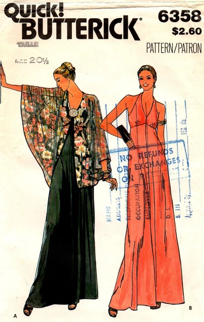 1970S BUTTERICK SEWING Pattern 6358 sz 20 1/2, Halter Dress & Capelet £ ...