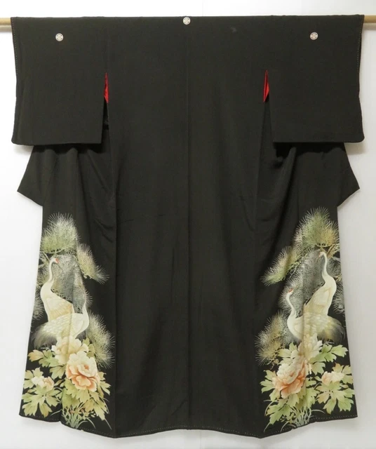 2311T09z660 Antique Japanese Kimono Silk TOMESODE Crane Black